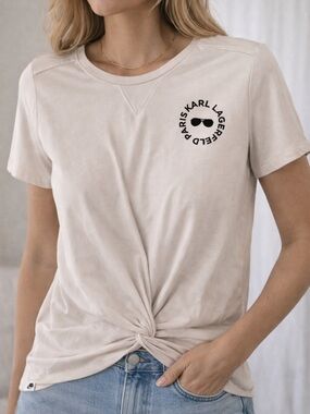 Karl Lagerfeld Paris White Logo Knot Front Tee Size- Medium